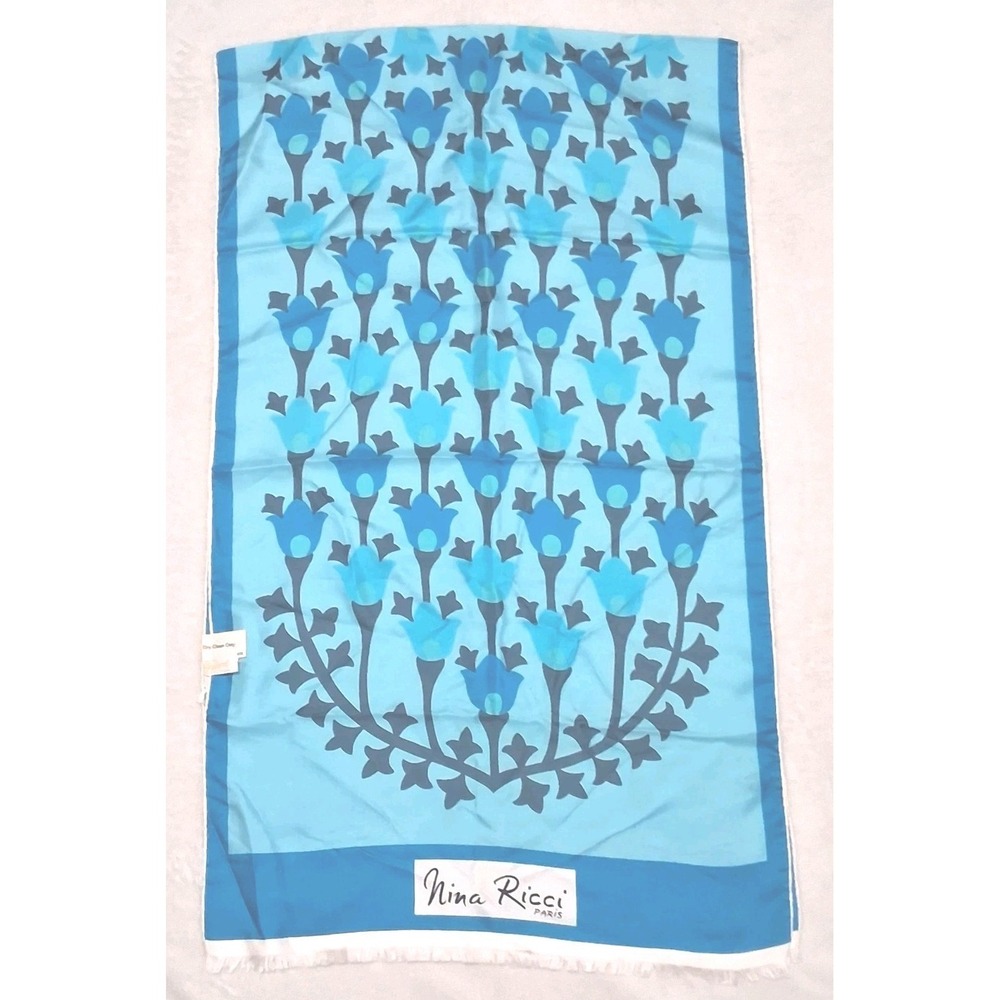 NINA RICCI Silk Satin Scarf Rectangle Blue Floral Luxury Hand Rolled Edge | OS